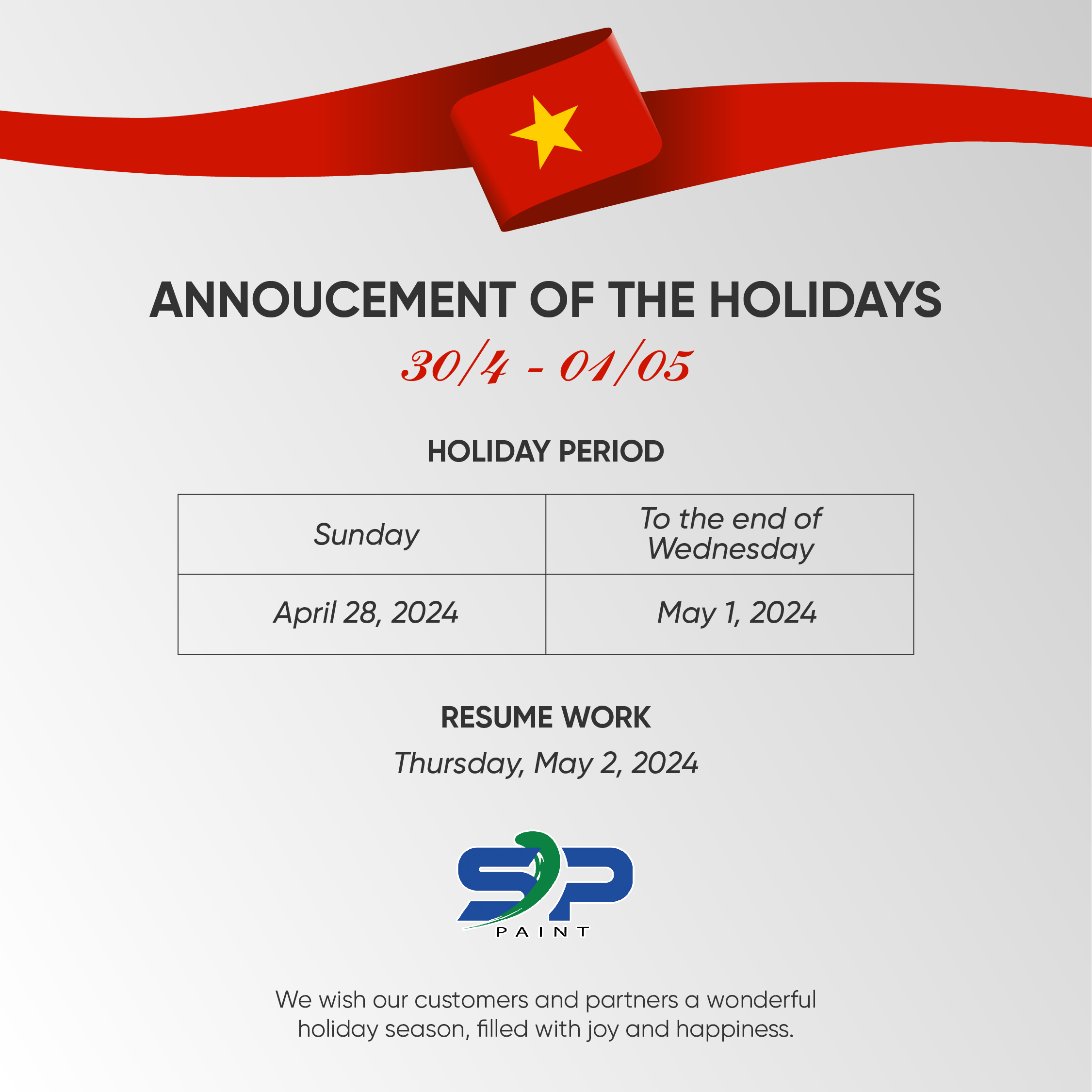 ANNOUCEMENT OF THE HOLIDDAYS